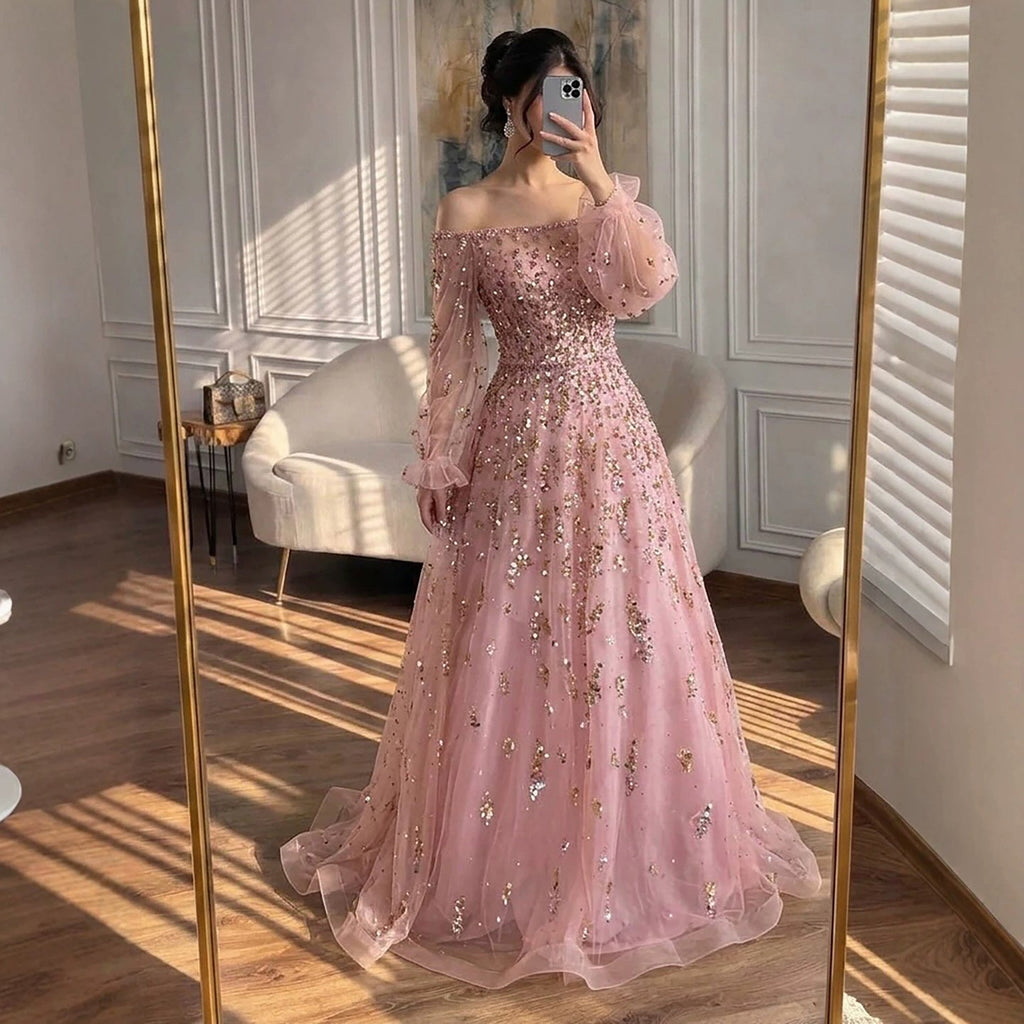 Luxury Pink Sequin Off Shoulder Tulle A Line Evening Dress CLA73711