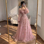 Luxury Pink Sequin Off Shoulder Tulle A Line Evening Dress CLA73711