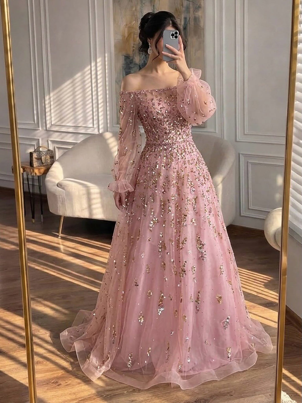 Luxury Pink Sequin Off Shoulder Tulle A Line Evening Dress CLA73711