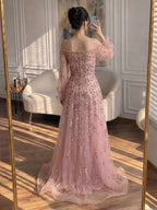 Luxury Pink Sequin Off Shoulder Tulle A Line Evening Dress CLA73711