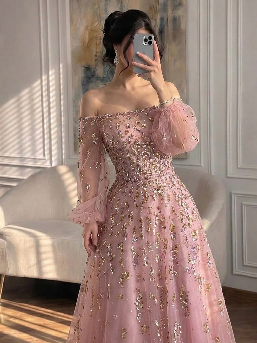Luxury Pink Sequin Off Shoulder Tulle A Line Evening Dress CLA73711