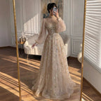 Luxury Nude Beaded High Neck Lantern Sleeve A-Line Dress LA73711A