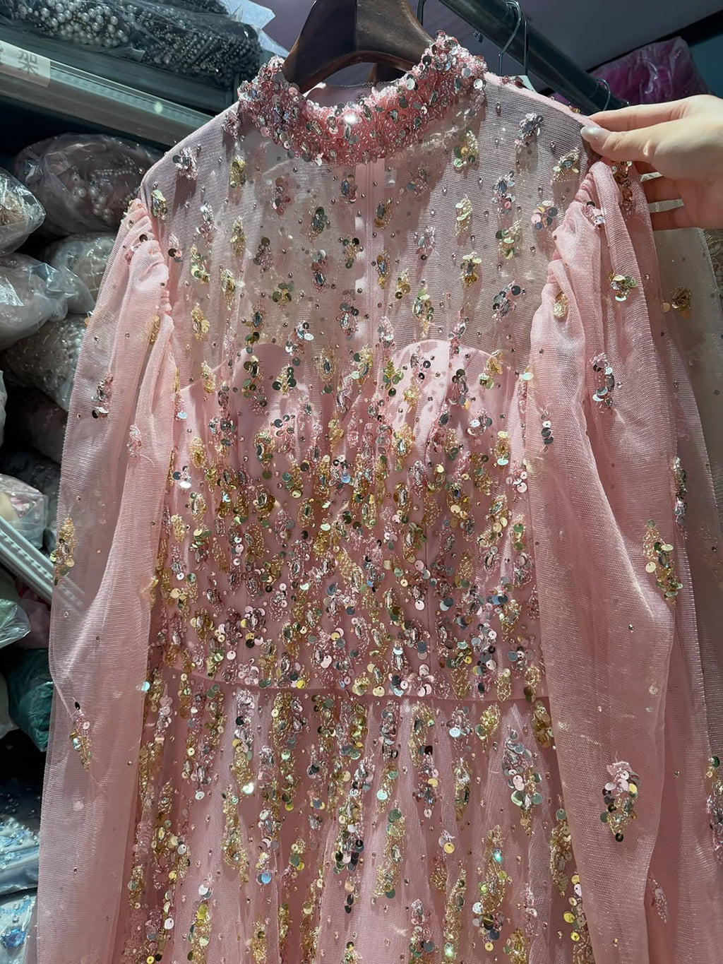 Luxury Nude Beaded High Neck Lantern Sleeve A-Line Dress LA73711A