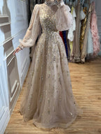 Luxury Nude Beaded High Neck Lantern Sleeve A-Line Dress LA73711A