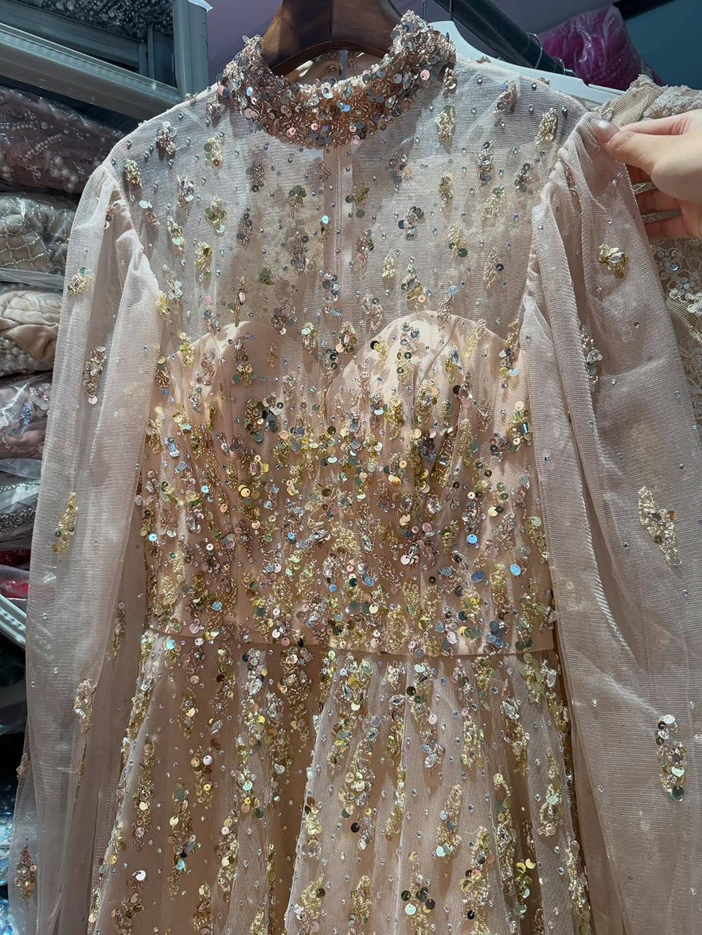 Luxury Nude Beaded High Neck Lantern Sleeve A-Line Dress LA73711A