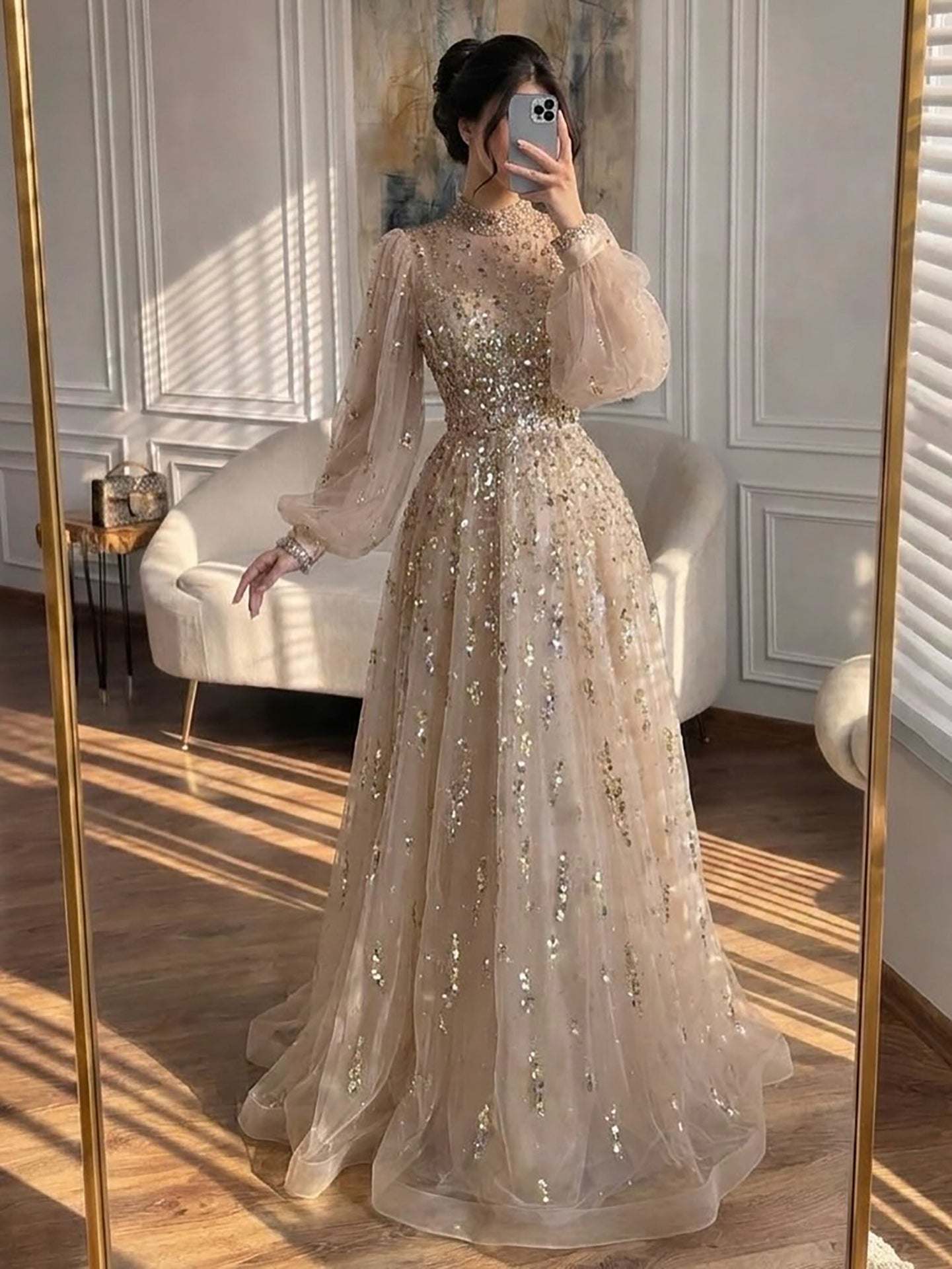 Luxury Nude Beaded High Neck Lantern Sleeve A-Line Dress LA73711A