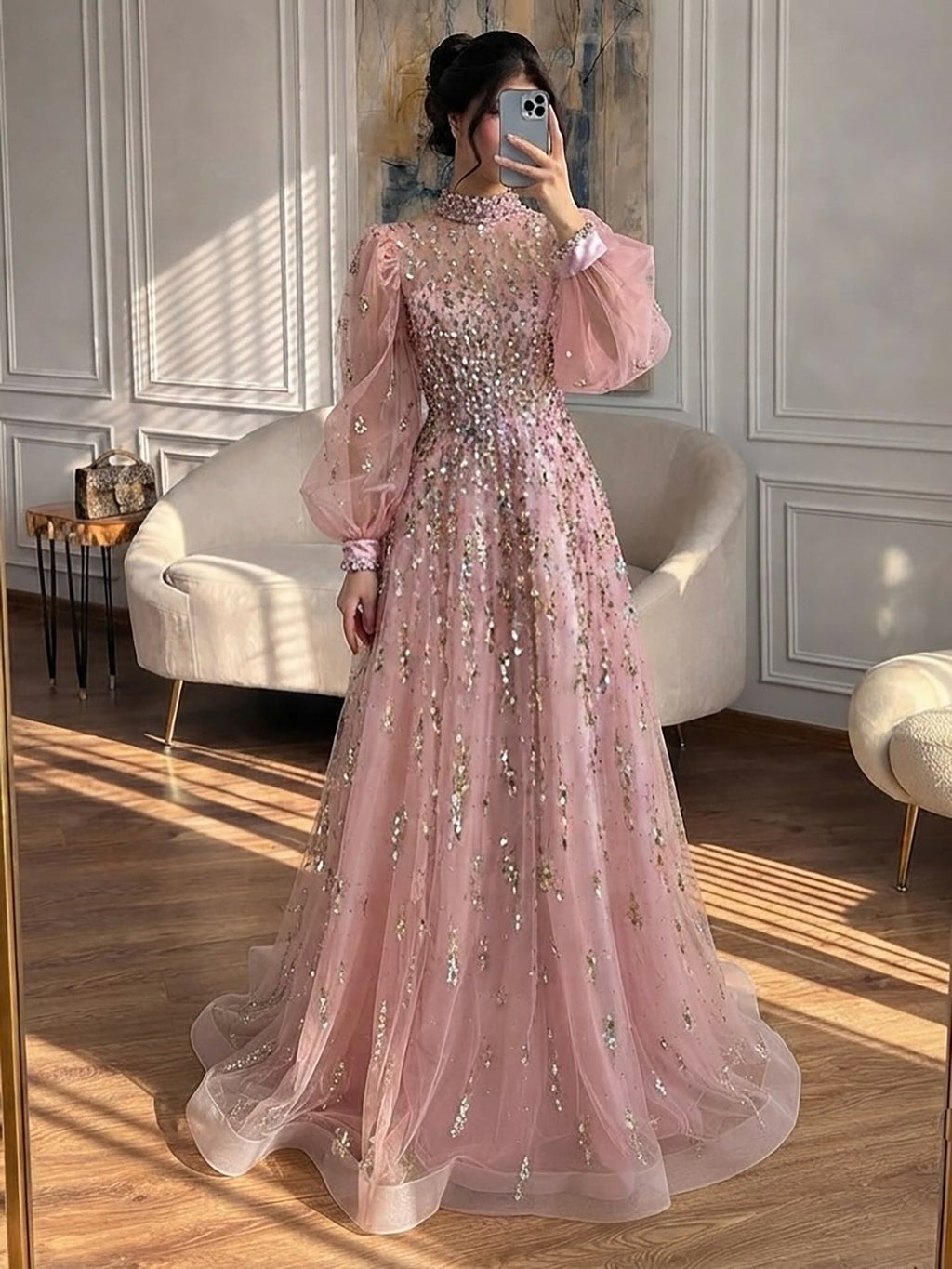 Luxury Nude Beaded High Neck Lantern Sleeve A-Line Dress LA73711A