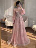 Luxury Nude Beaded High Neck Lantern Sleeve A-Line Dress LA73711A