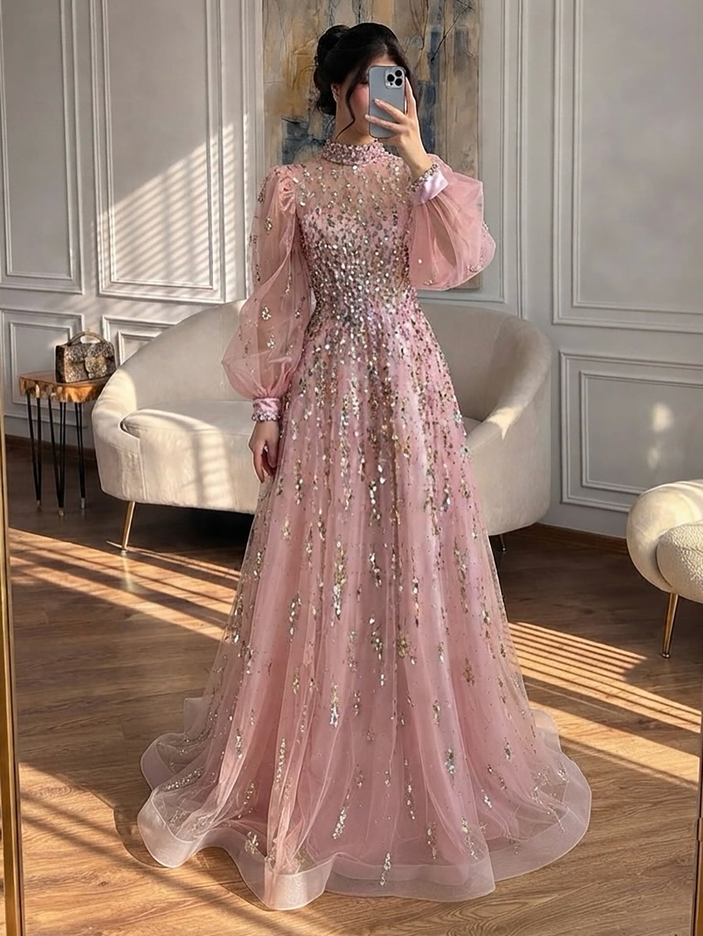 Luxury Nude Beaded High Neck Lantern Sleeve A-Line Dress LA73711A