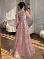 Luxury Nude Beaded High Neck Lantern Sleeve A-Line Dress LA73711A
