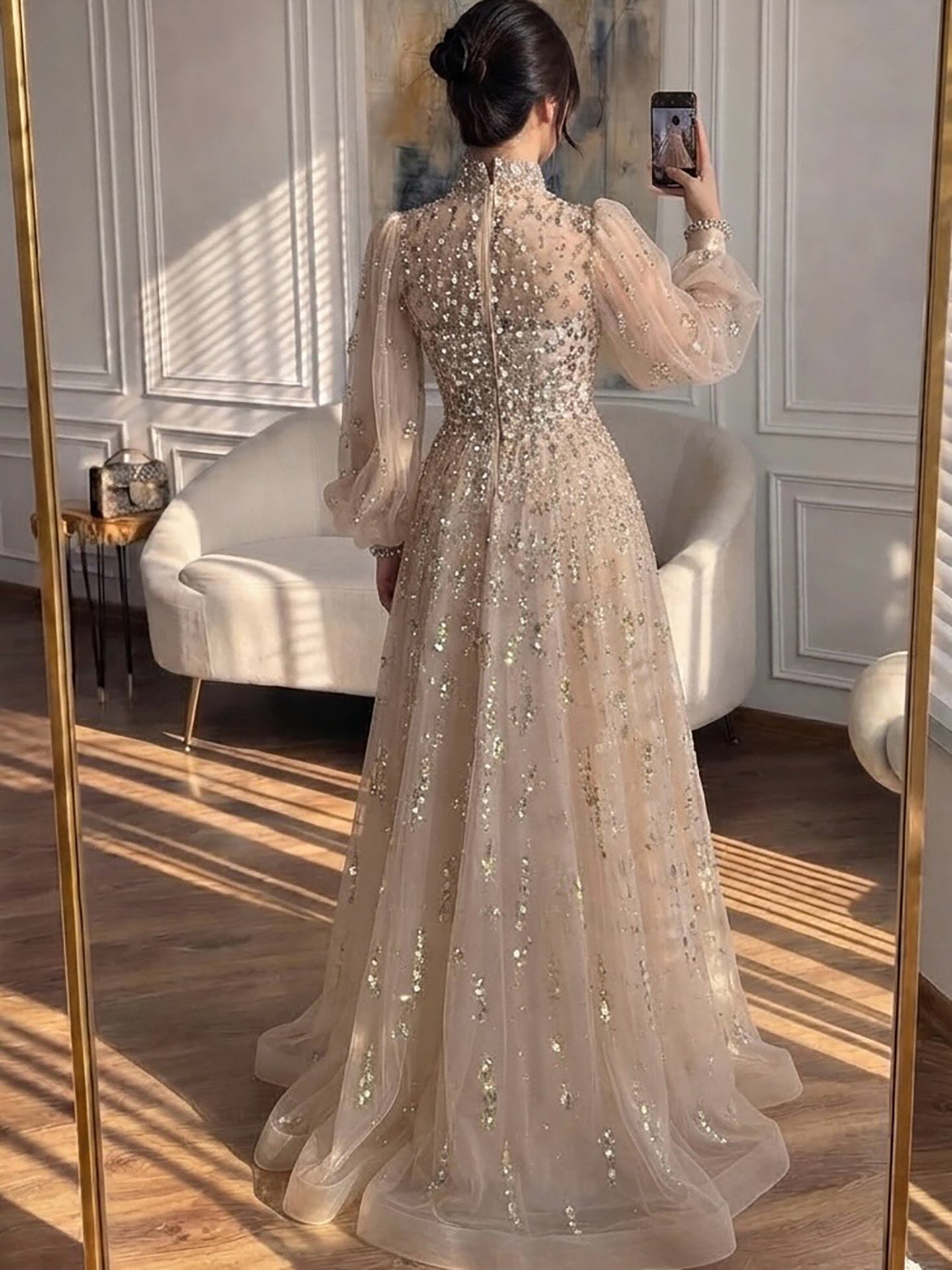 Luxury Nude Beaded High Neck Lantern Sleeve A-Line Dress LA73711A