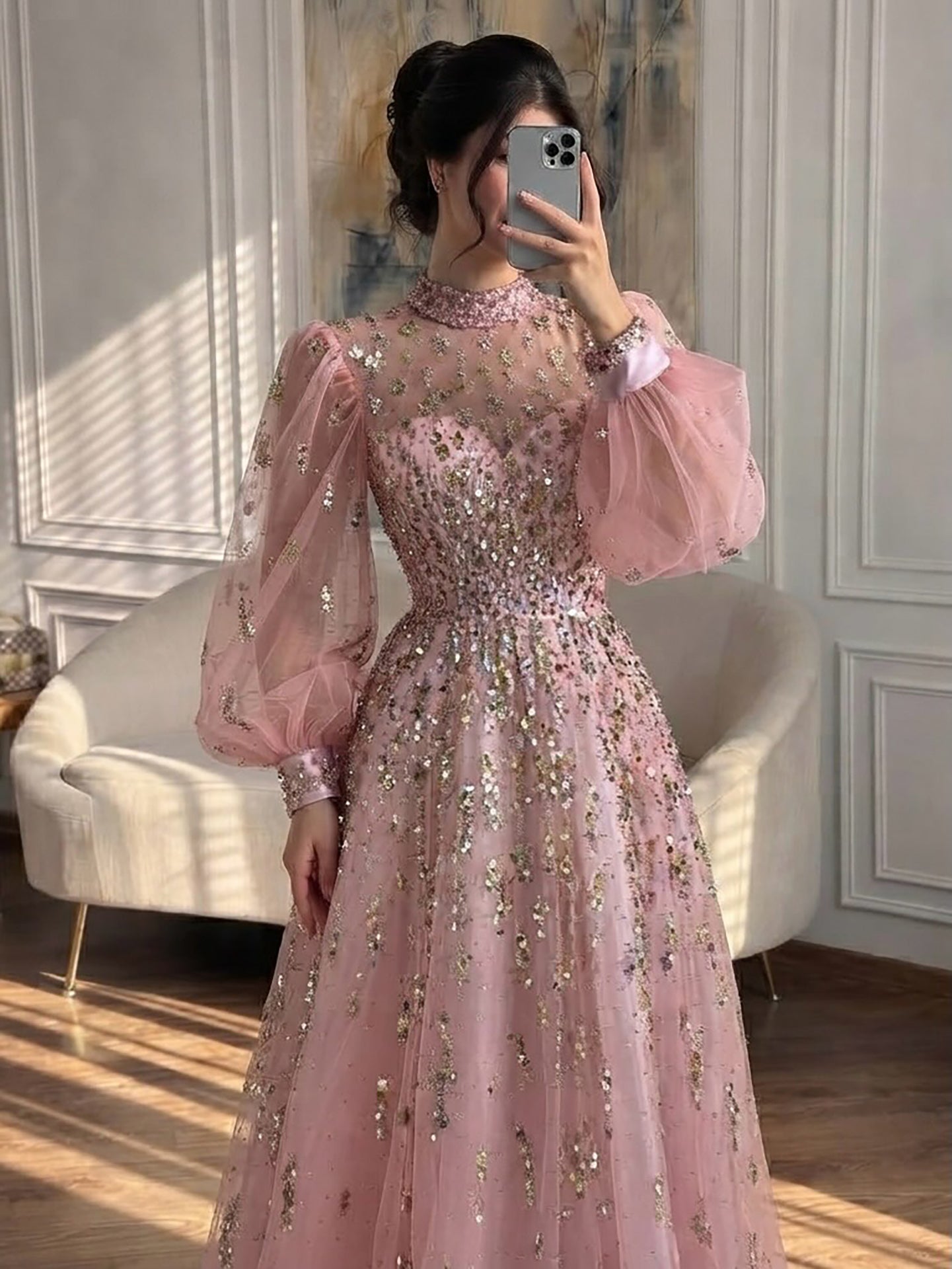 Luxury Nude Beaded High Neck Lantern Sleeve A-Line Dress LA73711A