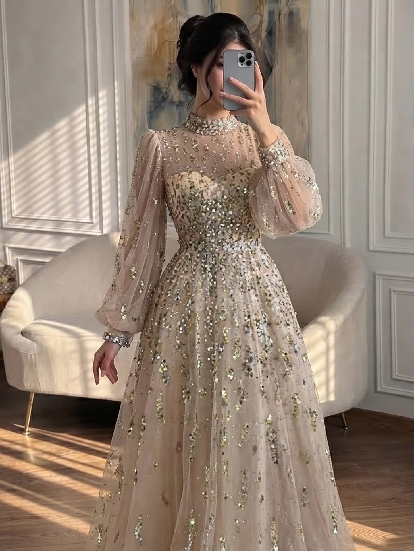 Luxury Nude Beaded High Neck Lantern Sleeve A-Line Dress LA73711A
