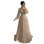 Luxury Nude Beaded High Neck Lantern Sleeve A-Line Dress LA73711A