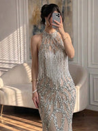 Luxury Caramel Beaded Mermaid Evening Dress with Tassel CLA73712