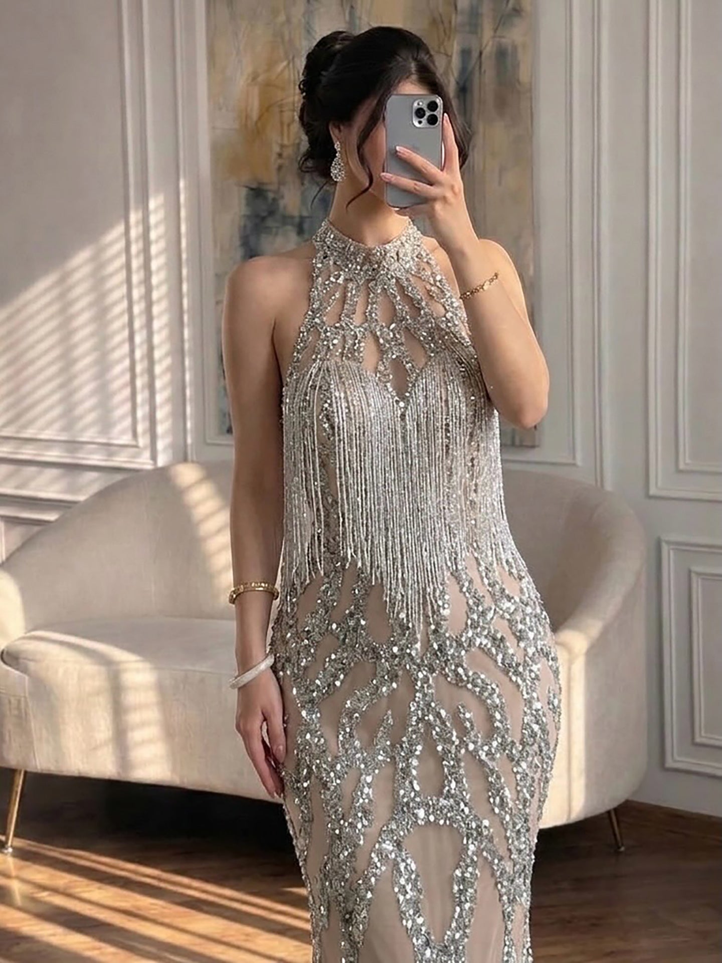 Luxury Caramel Beaded Mermaid Evening Dress with Tassel CLA73712