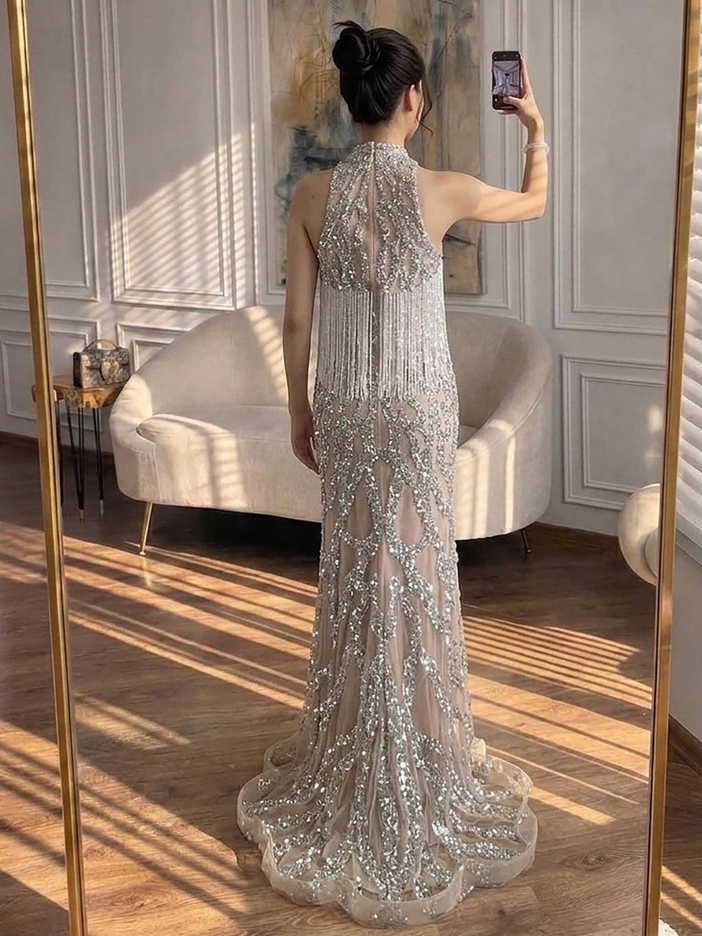 Luxury Caramel Beaded Mermaid Evening Dress with Tassel CLA73712
