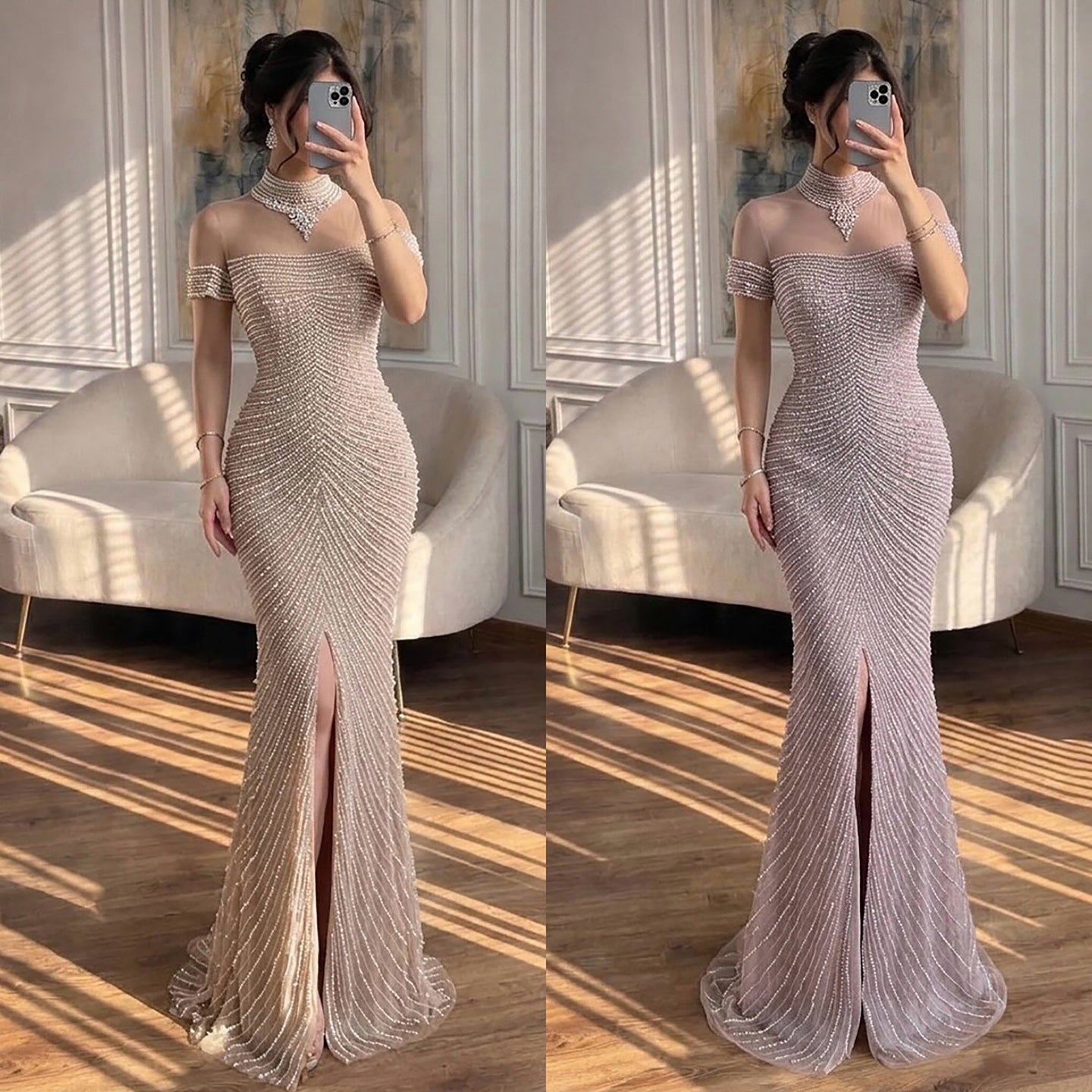 Luxury Nude Pearl Beaded High Neck Short Sleeve Mermaid Slit Evening Dress CLA73713