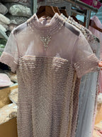 Luxury Nude Pearl Beaded High Neck Short Sleeve Mermaid Slit Evening Dress CLA73713