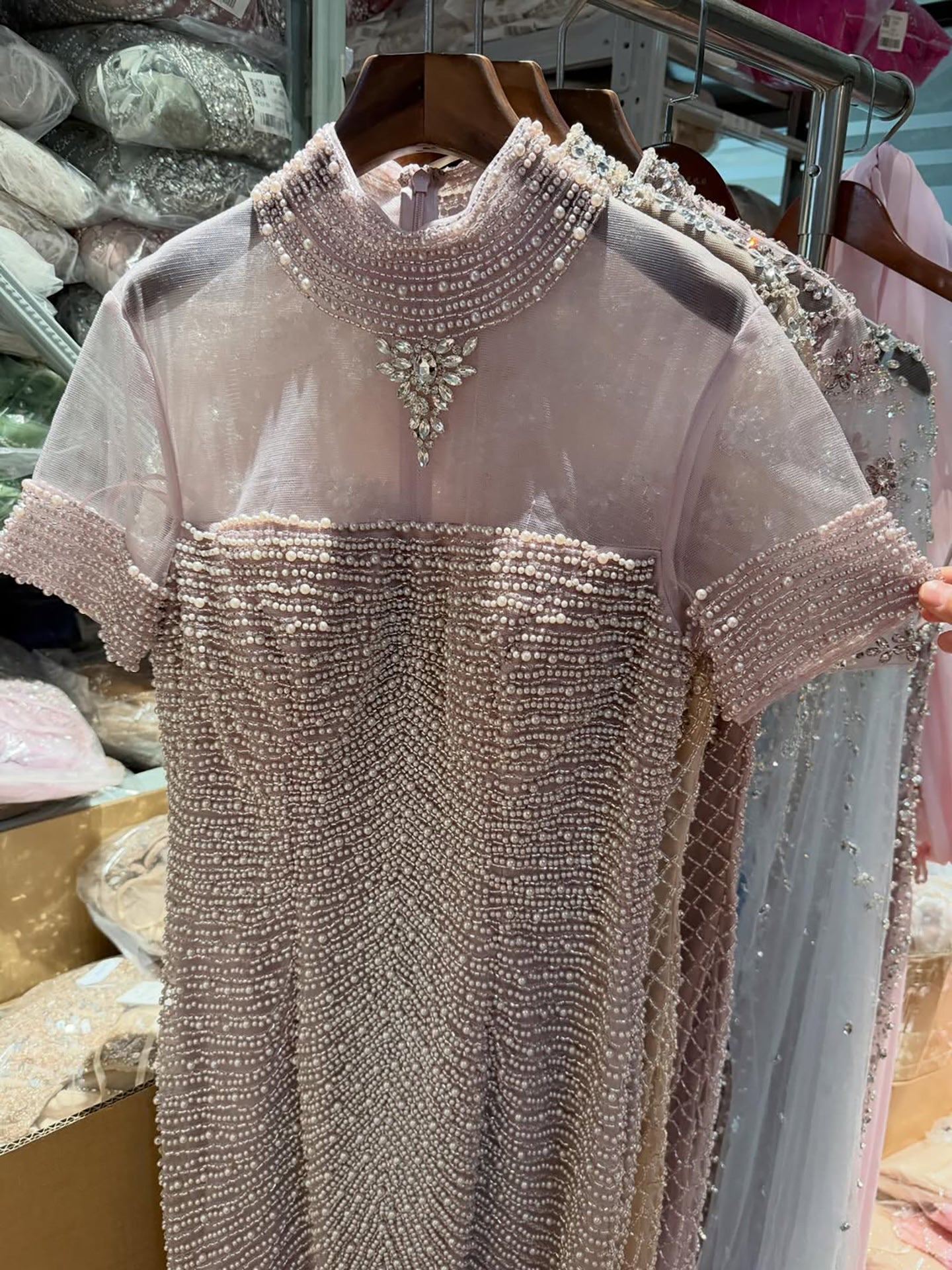 Luxury Nude Pearl Beaded High Neck Short Sleeve Mermaid Slit Evening Dress CLA73713