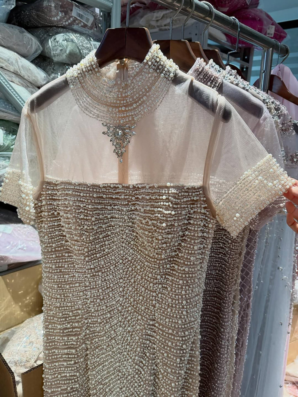 Luxury Nude Pearl Beaded High Neck Short Sleeve Mermaid Slit Evening Dress CLA73713
