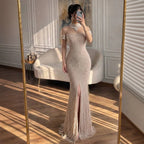 Luxury Nude Pearl Beaded High Neck Short Sleeve Mermaid Slit Evening Dress CLA73713