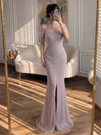 Luxury Nude Pearl Beaded High Neck Short Sleeve Mermaid Slit Evening Dress CLA73713