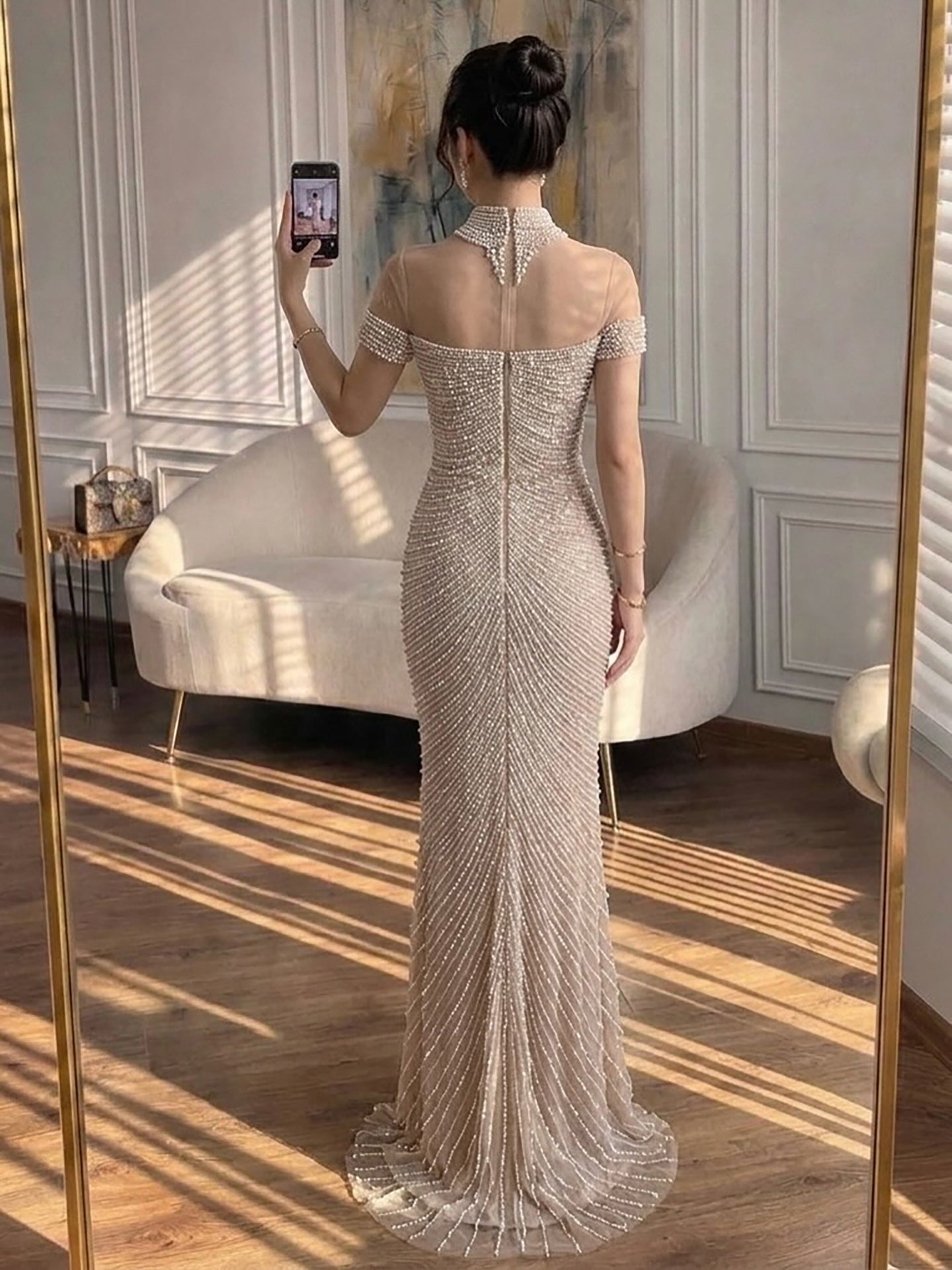 Luxury Nude Pearl Beaded High Neck Short Sleeve Mermaid Slit Evening Dress CLA73713