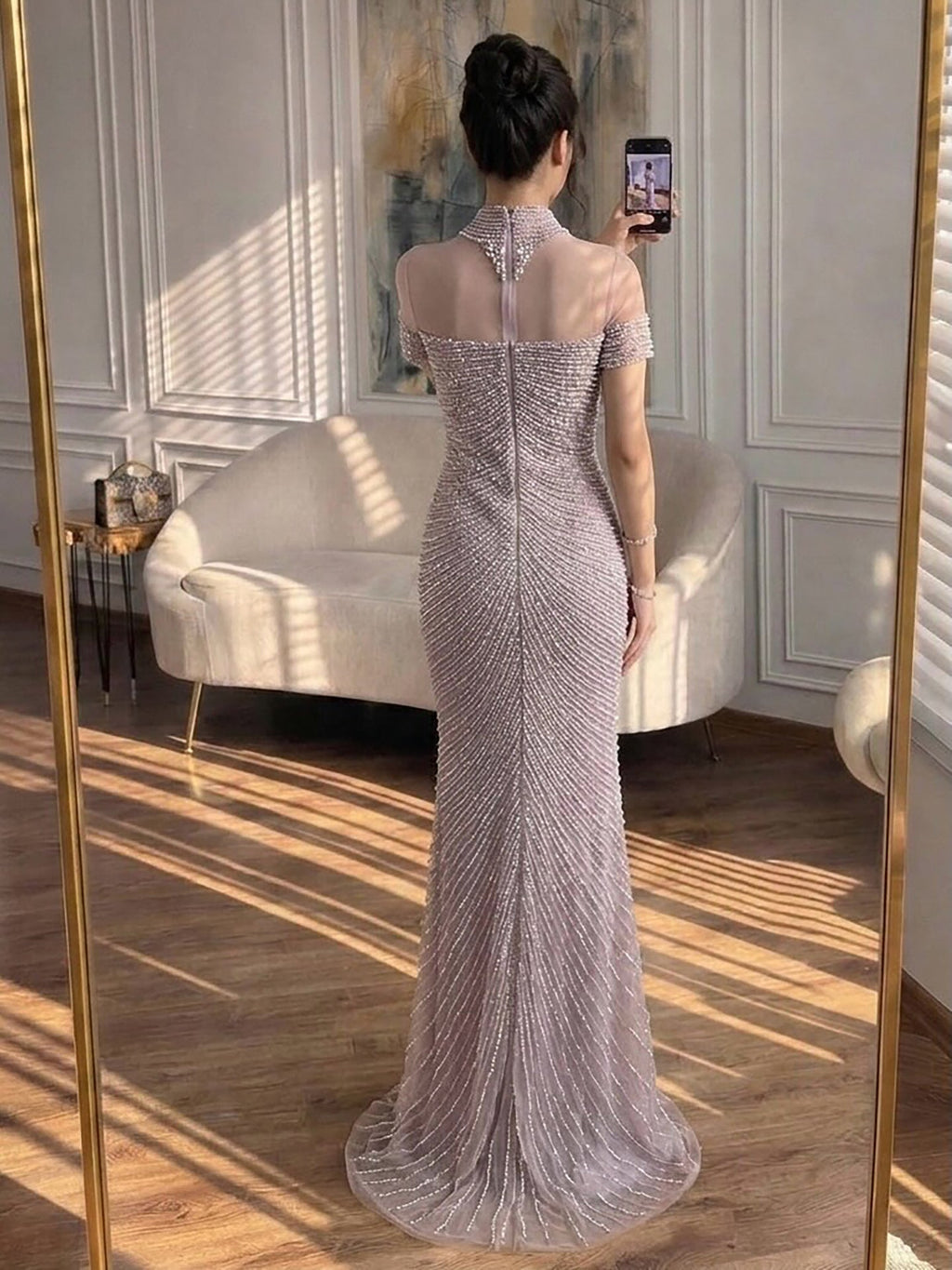 Luxury Nude Pearl Beaded High Neck Short Sleeve Mermaid Slit Evening Dress CLA73713