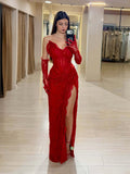 Luxury Red CLAce Beaded Mermaid Evening Dress with Slit and Gloves CLA73714