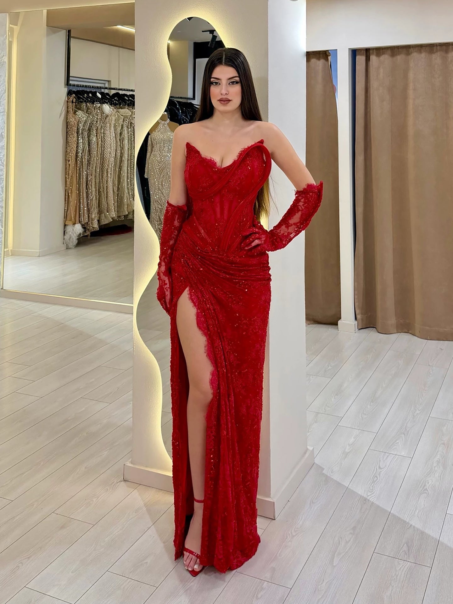 Luxury Red CLAce Beaded Mermaid Evening Dress with Slit and Gloves CLA73714