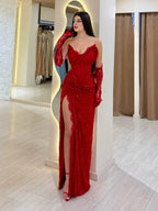 Luxury Red CLAce Beaded Mermaid Evening Dress with Slit and Gloves CLA73714