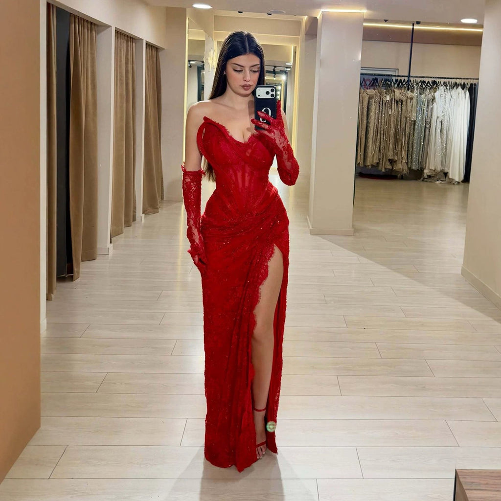 Luxury Red CLAce Beaded Mermaid Evening Dress with Slit and Gloves CLA73714