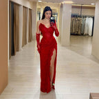 Luxury Red CLAce Beaded Mermaid Evening Dress with Slit and Gloves CLA73714