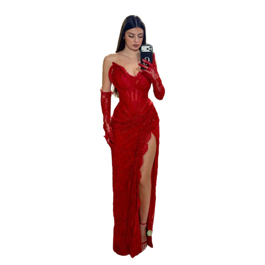 Luxury Red CLAce Beaded Mermaid Evening Dress with Slit and Gloves CLA73714