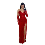 Luxury Red CLAce Beaded Mermaid Evening Dress with Slit and Gloves CLA73714