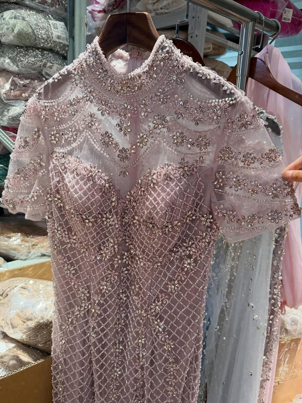 Luxury Pink Crystal Beaded High Neck Short Sleeve Mermaid Evening Dress CLA73715