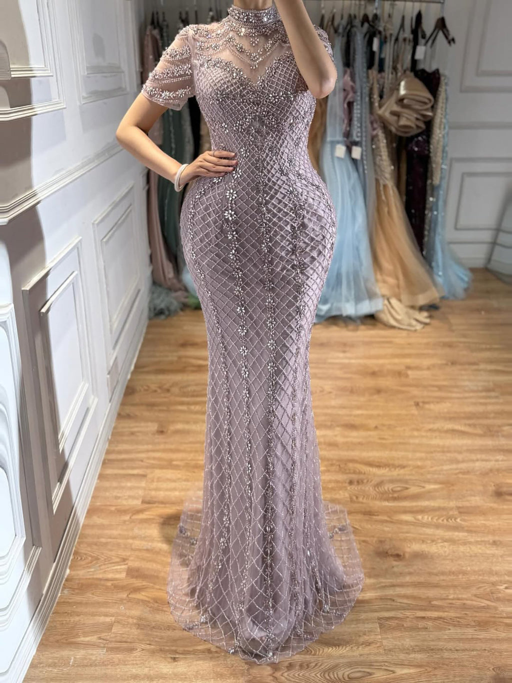 Luxury Pink Crystal Beaded High Neck Short Sleeve Mermaid Evening Dress CLA73715