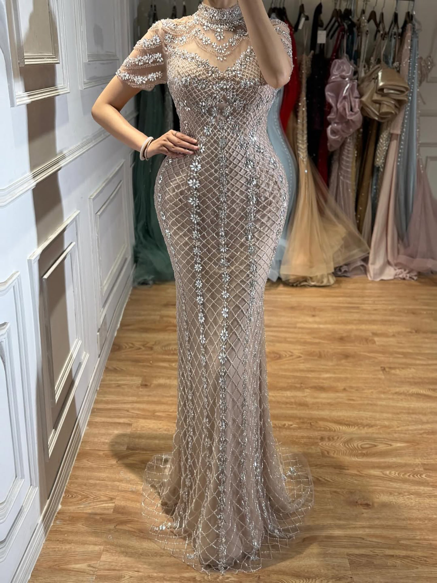 Luxury Pink Crystal Beaded High Neck Short Sleeve Mermaid Evening Dress CLA73715