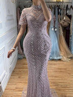 Luxury Pink Crystal Beaded High Neck Short Sleeve Mermaid Evening Dress CLA73715