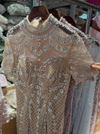 Luxury Pink Crystal Beaded High Neck Short Sleeve Mermaid Evening Dress CLA73715