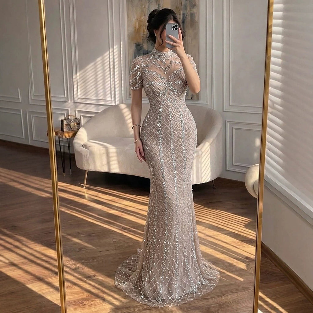 Luxury Pink Crystal Beaded High Neck Short Sleeve Mermaid Evening Dress CLA73715