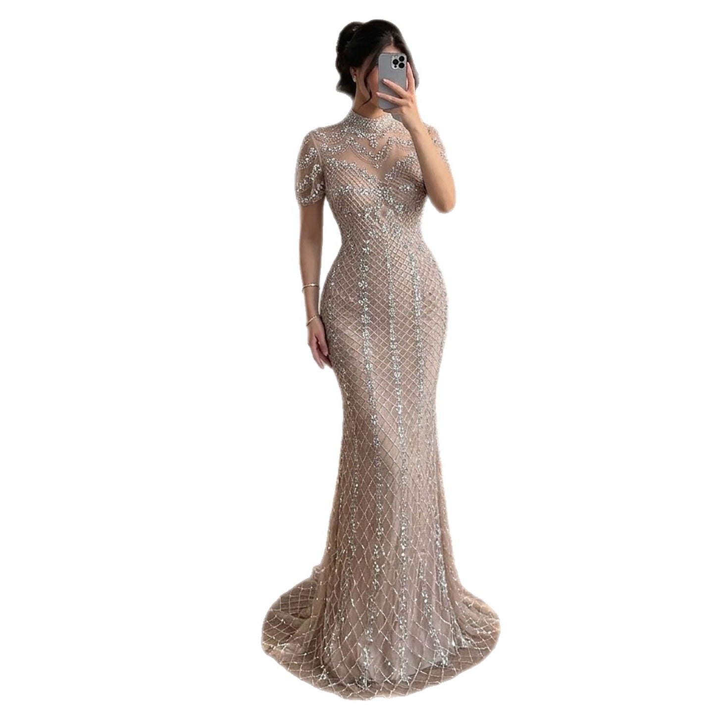 Luxury Pink Crystal Beaded High Neck Short Sleeve Mermaid Evening Dress CLA73715