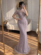 Luxury Pink Crystal Beaded High Neck Short Sleeve Mermaid Evening Dress CLA73715