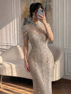 Luxury Pink Crystal Beaded High Neck Short Sleeve Mermaid Evening Dress CLA73715