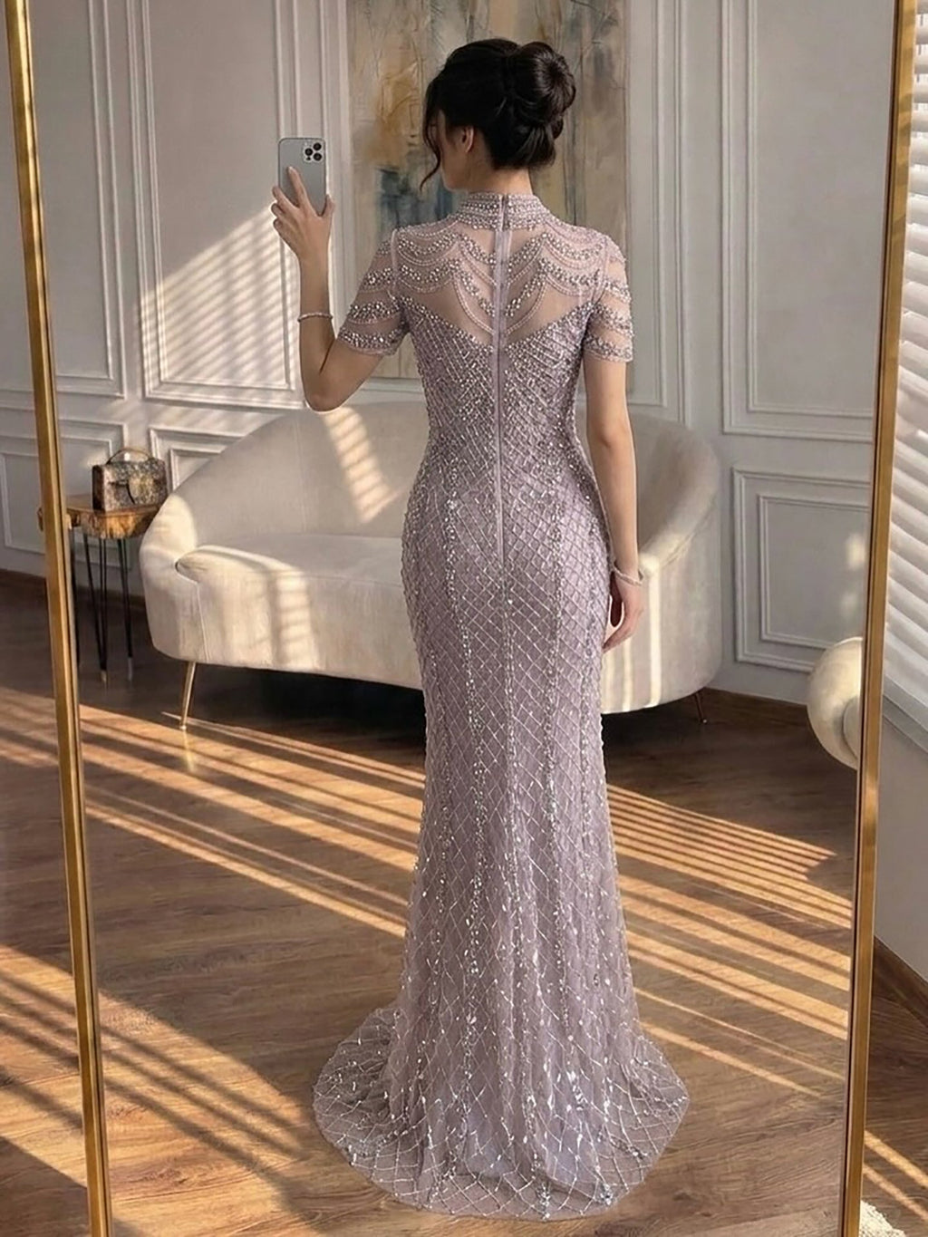 Luxury Pink Crystal Beaded High Neck Short Sleeve Mermaid Evening Dress CLA73715