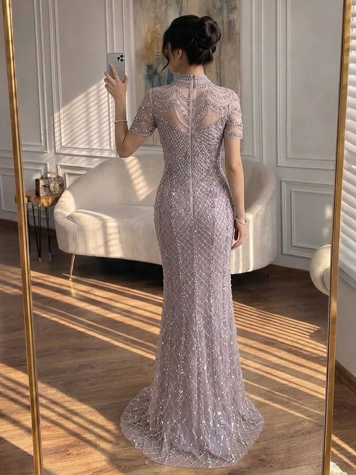 Luxury Pink Crystal Beaded High Neck Short Sleeve Mermaid Evening Dress CLA73715