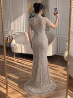Luxury Pink Crystal Beaded High Neck Short Sleeve Mermaid Evening Dress CLA73715