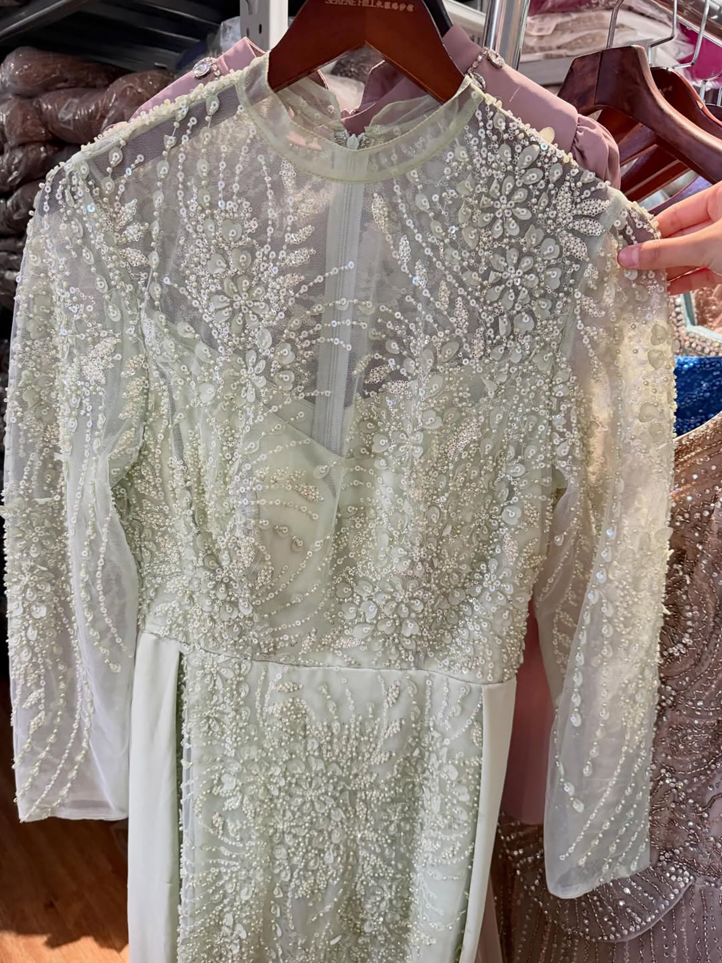 Luxury Sage Green Beaded Mermaid Dress with Overskirt CLA73716