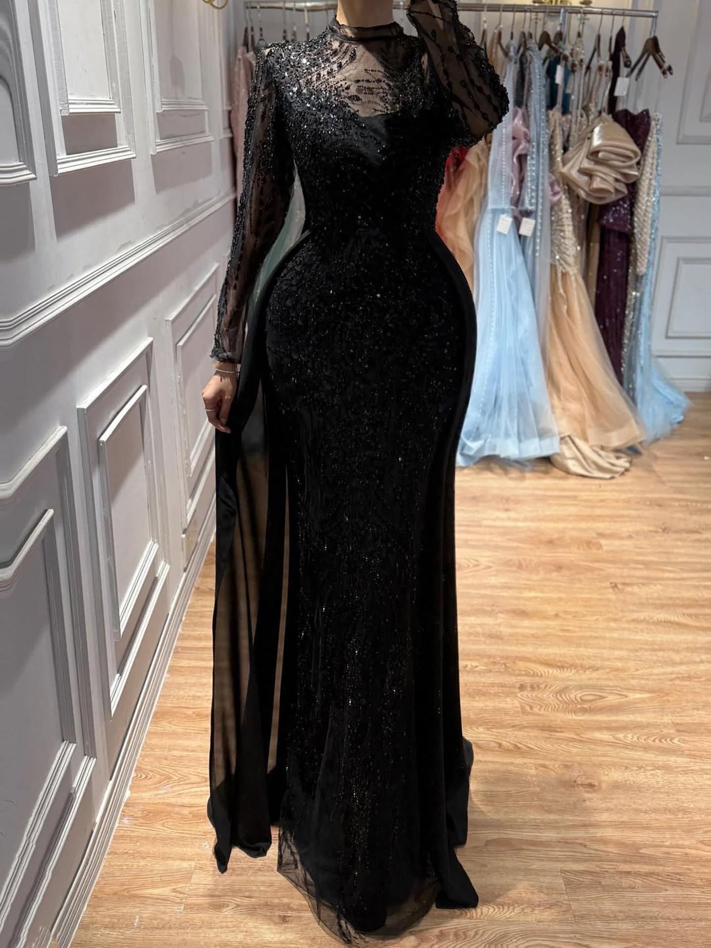 Luxury Sage Green Beaded Mermaid Dress with Overskirt CLA73716